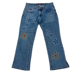Bubblegum USA Vintage Y2K Embroidered Flower Flare Jeans Low Rise Boho Size 7/8